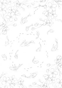 ilustracion para colorear - peces koi y cerezos - carla bonfigli